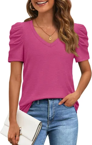 ATHMILE Womens Summer Shirt V Neck Casual Tshirts Puff Sleeve Tops for Women Trendy 2025 Tunic Solid Color