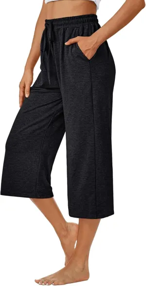 AUTOMET Womens Capris Pants Wide Leg Summer 2025 Sweatpants Drawstring Loose Lounge Palazzo Casual Crop Trouser with Pocket