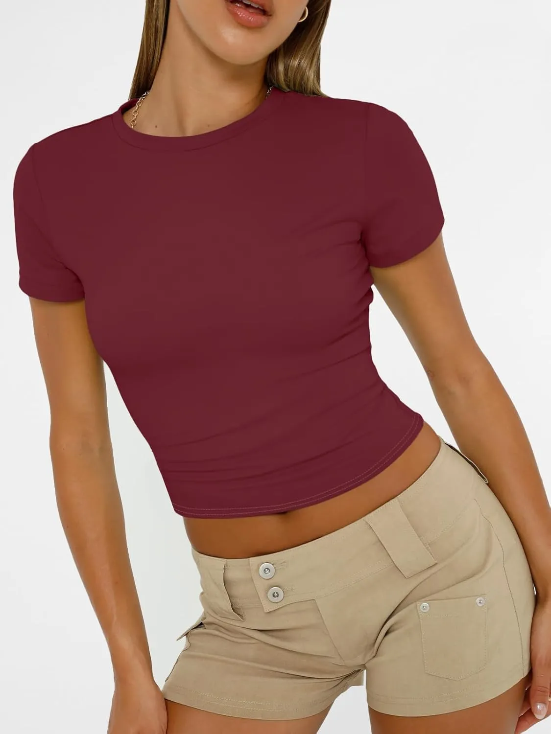 AUTOMET Womens Short Sleeve T Shirts Basic Summer 2025 Workout Tops Crew Neck Gym Crop Tops Trendy Y2K Clothes