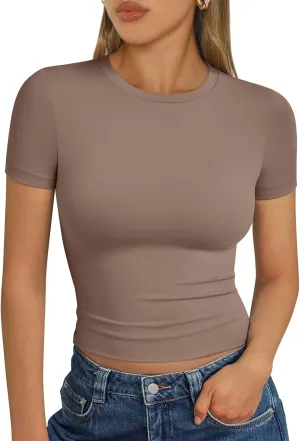 AUTOMET Womens Short Sleeve T Shirts Basic Summer 2025 Workout Tops Crew Neck Gym Crop Tops Trendy Y2K Clothes