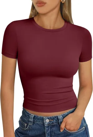 AUTOMET Womens Short Sleeve T Shirts Basic Summer 2025 Workout Tops Crew Neck Gym Crop Tops Trendy Y2K Clothes