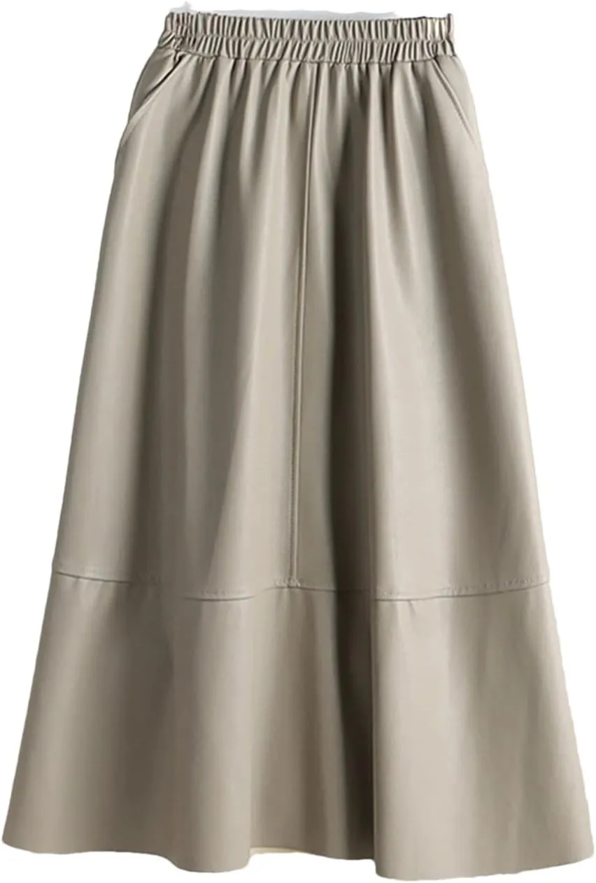 Autumn Winter Female Faux PU-Leather Midi Skirts Patchwork High Waist A-Line Umbrella Skirts Pockets