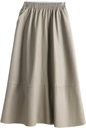 Autumn Winter Female Faux PU-Leather Midi Skirts Patchwork High Waist A-Line Umbrella Skirts Pockets