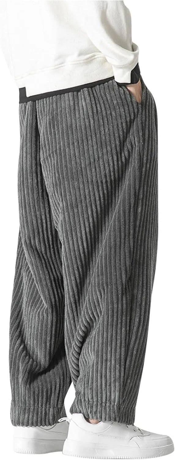 Aymnlox Men's Casual Pants Corduroy Straight Fit Baggy Pants Drawstring Stretch Waist Jogger Hiking Trousers with Pockets
