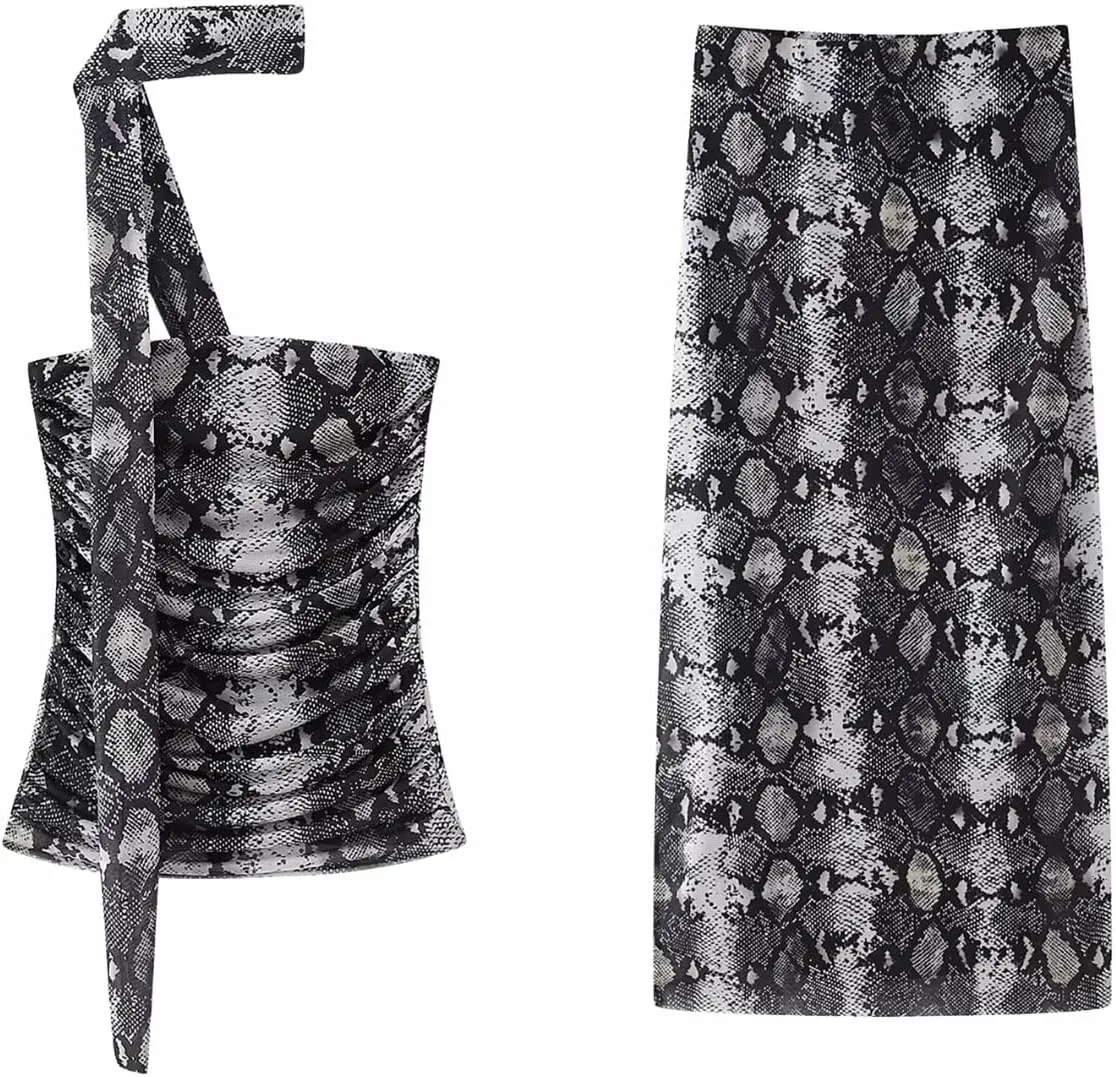 BAIMORE Womens Sexy Mesh Animal Print 2 Piece Outfit Pleated Tube Top with Bodycon Maxi Skirt Set