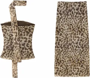 BAIMORE Womens Sexy Mesh Animal Print 2 Piece Outfit Pleated Tube Top with Bodycon Maxi Skirt Set