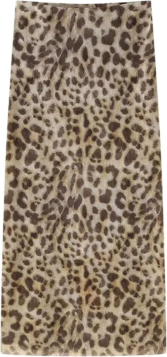 BAIMORE Womens Sexy Mesh Animal Print 2 Piece Outfit Pleated Tube Top with Bodycon Maxi Skirt Set