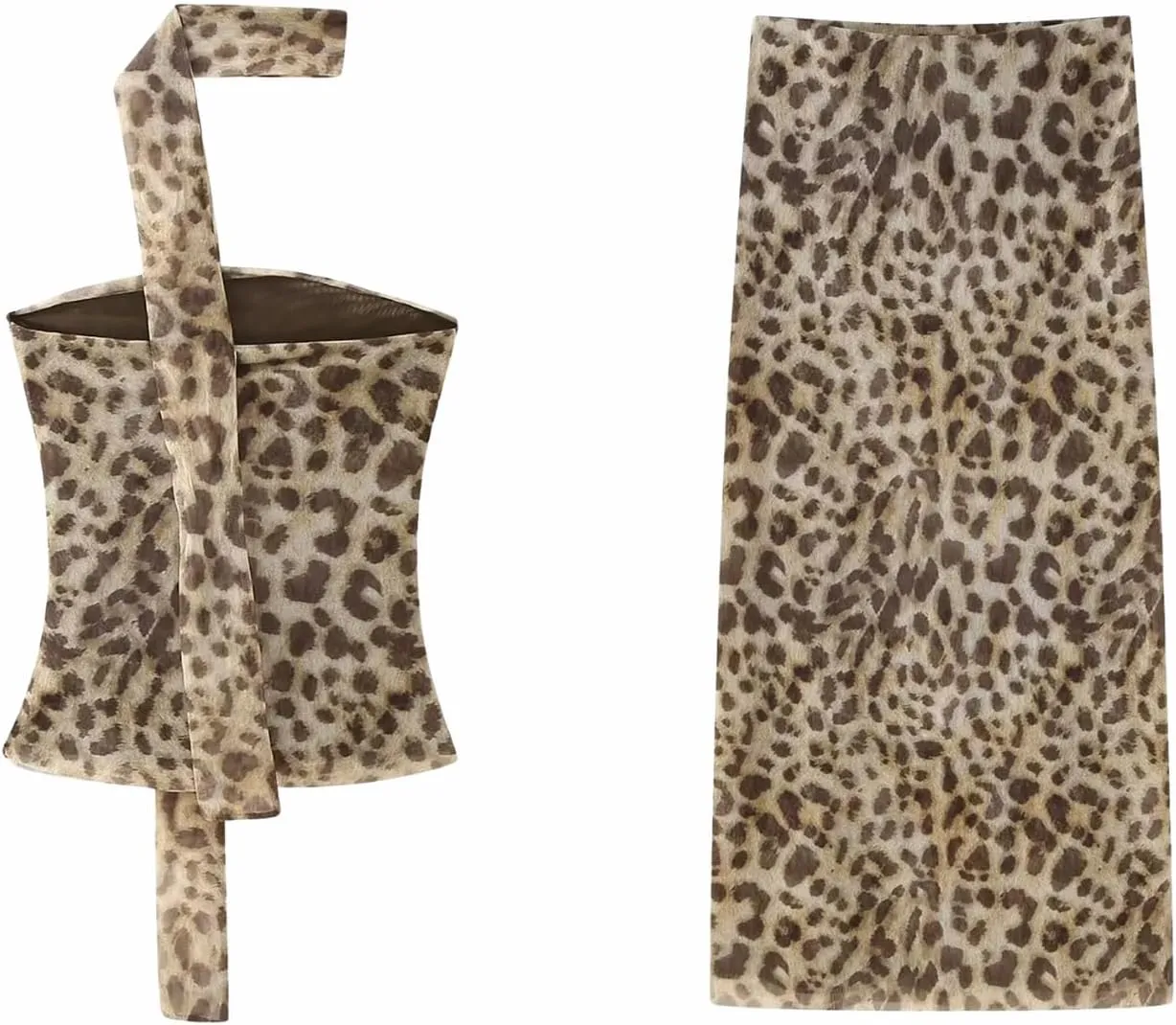 BAIMORE Womens Sexy Mesh Animal Print 2 Piece Outfit Pleated Tube Top with Bodycon Maxi Skirt Set