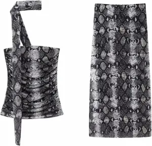 BAIMORE Womens Sexy Mesh Animal Print 2 Piece Outfit Pleated Tube Top with Bodycon Maxi Skirt Set