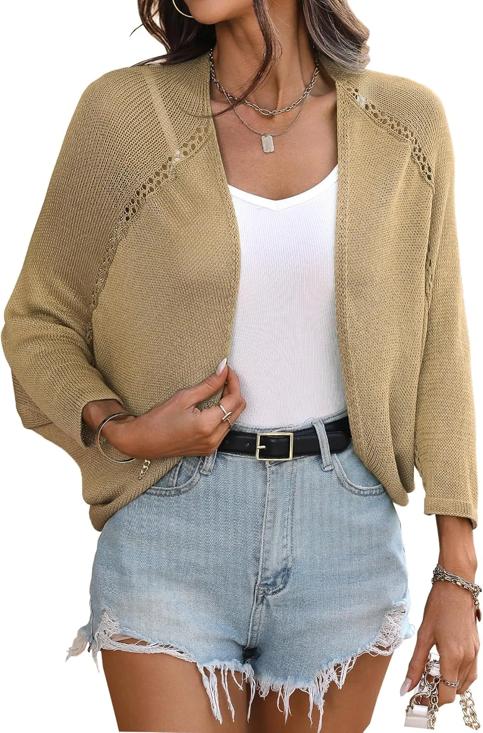 BB&KK Women's Crochet Summer Shrug 3/4 Batwing Sleeve Hollow Out Lightweight Knit Open Front Bolero Cardigans Sweater