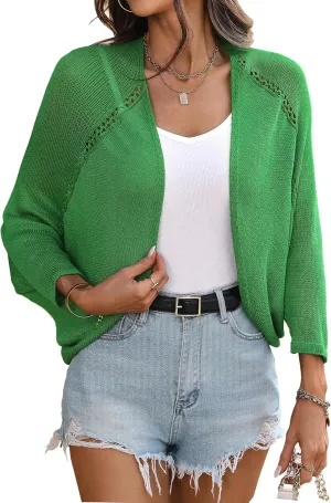 BB&KK Women's Crochet Summer Shrug 3/4 Batwing Sleeve Hollow Out Lightweight Knit Open Front Bolero Cardigans Sweater