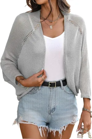 BB&KK Women's Crochet Summer Shrug 3/4 Batwing Sleeve Hollow Out Lightweight Knit Open Front Bolero Cardigans Sweater