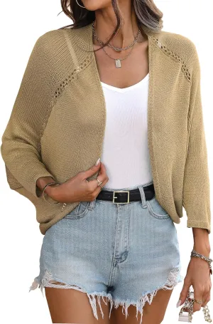 BB&KK Women's Crochet Summer Shrug 3/4 Batwing Sleeve Hollow Out Lightweight Knit Open Front Bolero Cardigans Sweater
