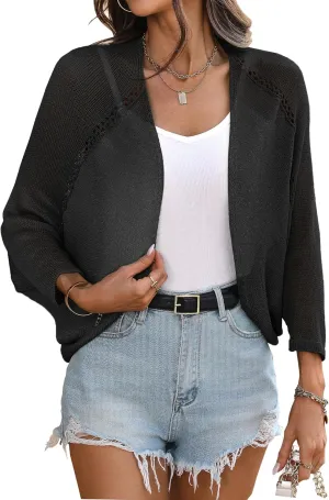 BB&KK Women's Crochet Summer Shrug 3/4 Batwing Sleeve Hollow Out Lightweight Knit Open Front Bolero Cardigans Sweater