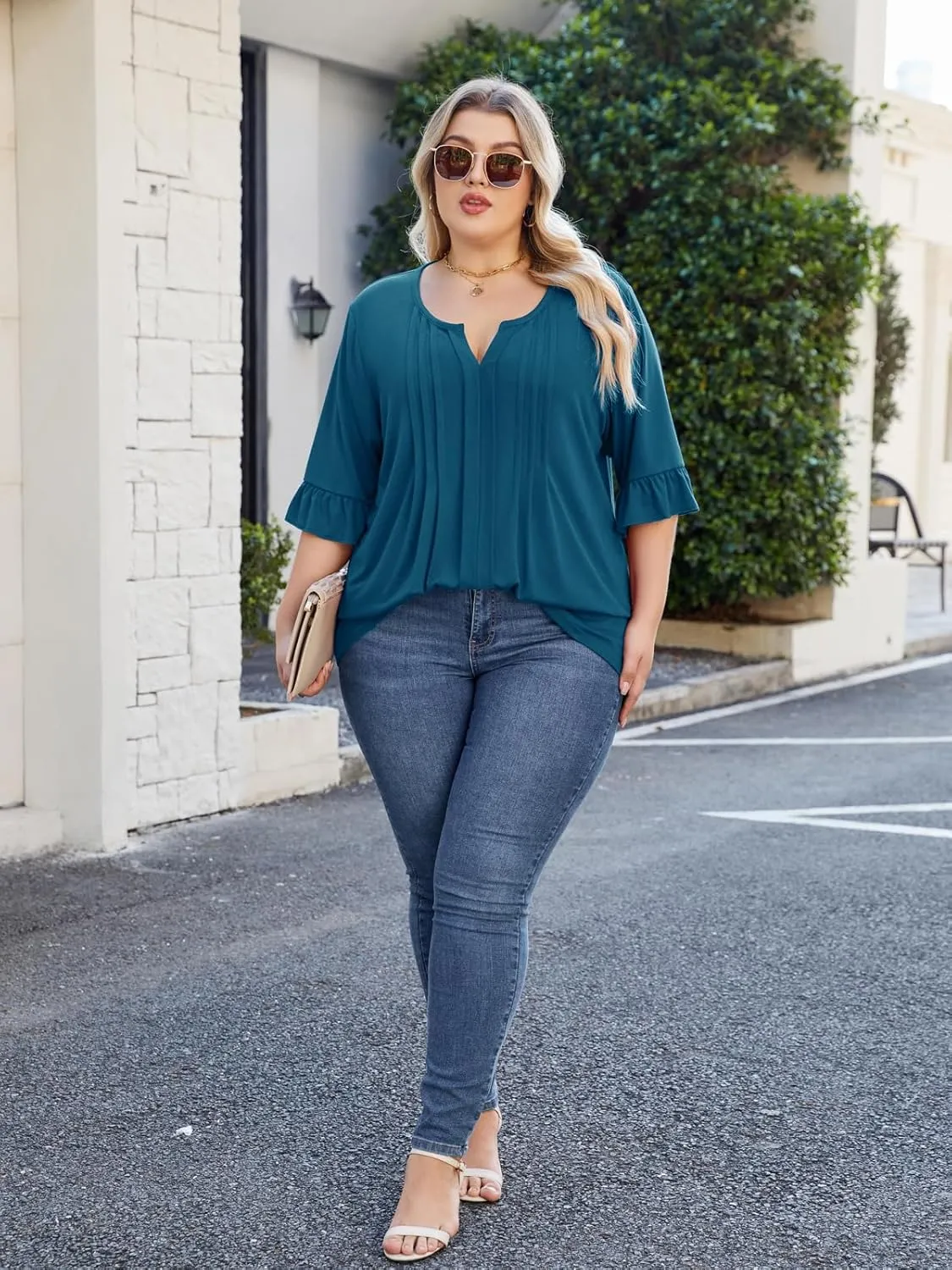 Beauhuty Women's Plus Size Shirts Dressy Casual Blouses 3/4 Bell Ruffle Sleeve Front Pleated Trendy Business Peplum Tops
