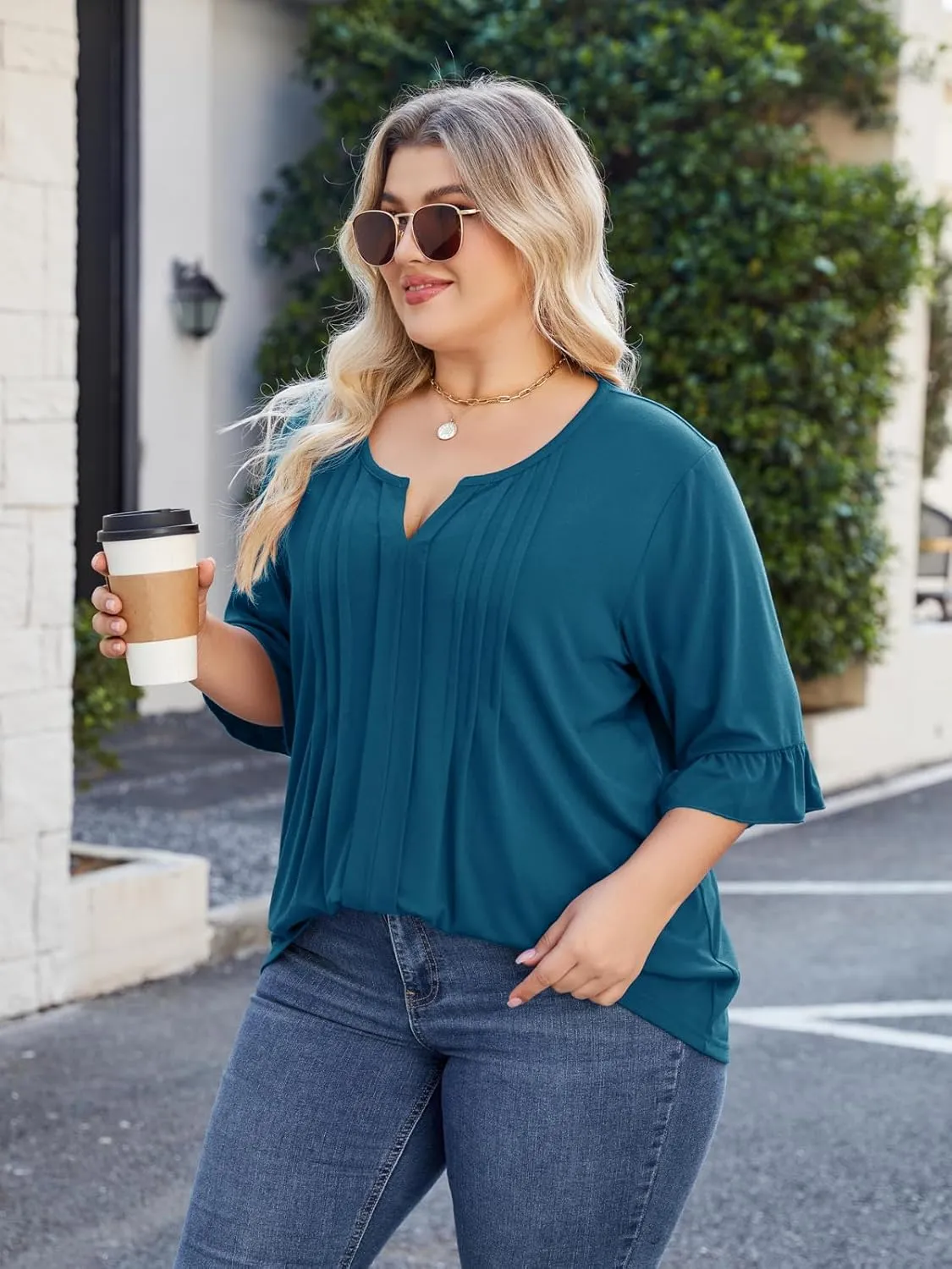 Beauhuty Women's Plus Size Shirts Dressy Casual Blouses 3/4 Bell Ruffle Sleeve Front Pleated Trendy Business Peplum Tops