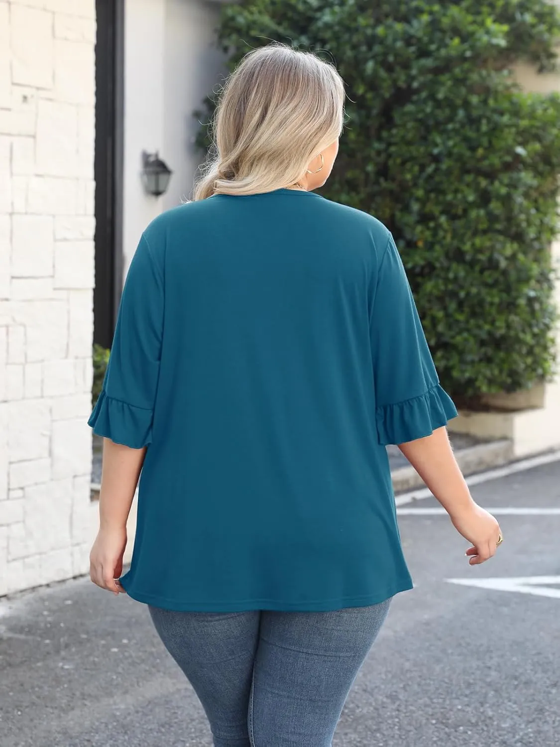 Beauhuty Women's Plus Size Shirts Dressy Casual Blouses 3/4 Bell Ruffle Sleeve Front Pleated Trendy Business Peplum Tops