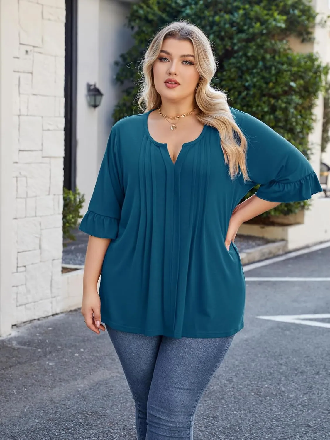 Beauhuty Women's Plus Size Shirts Dressy Casual Blouses 3/4 Bell Ruffle Sleeve Front Pleated Trendy Business Peplum Tops