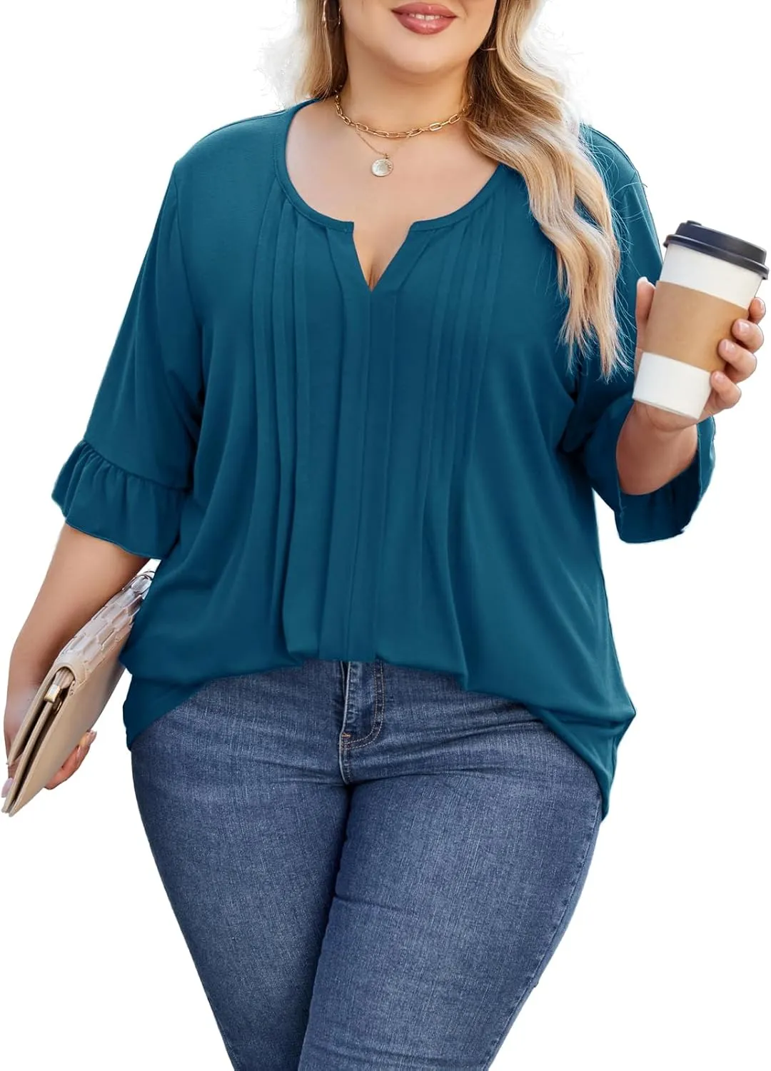 Beauhuty Women's Plus Size Shirts Dressy Casual Blouses 3/4 Bell Ruffle Sleeve Front Pleated Trendy Business Peplum Tops