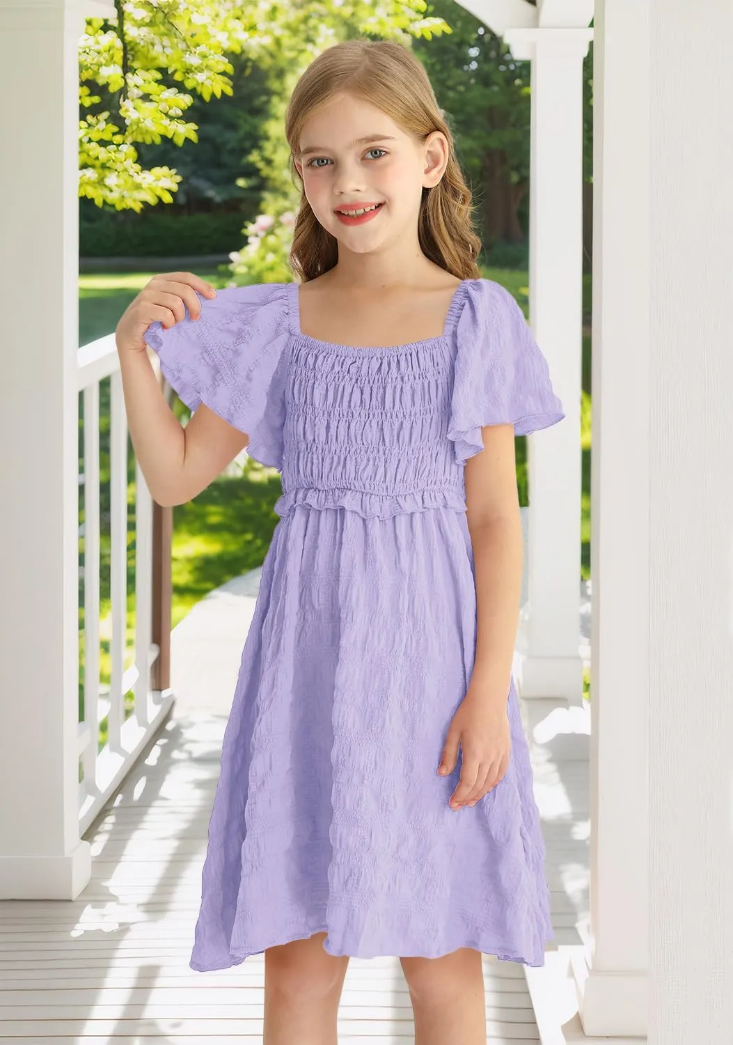 BesserBay Summer Girls Square Neck Smocked Short Sleeve Solid Midi Dress 5-14 Years