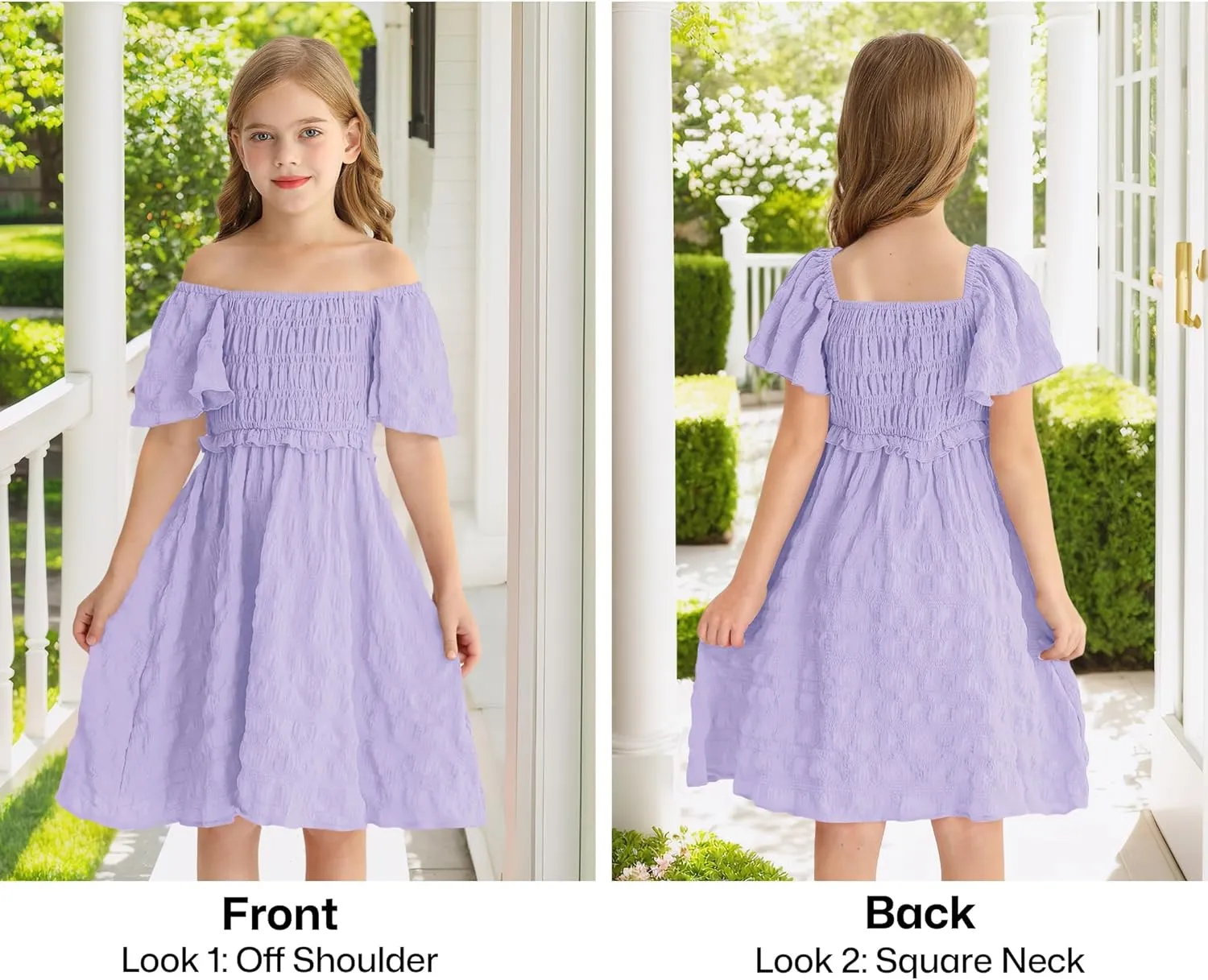 BesserBay Summer Girls Square Neck Smocked Short Sleeve Solid Midi Dress 5-14 Years
