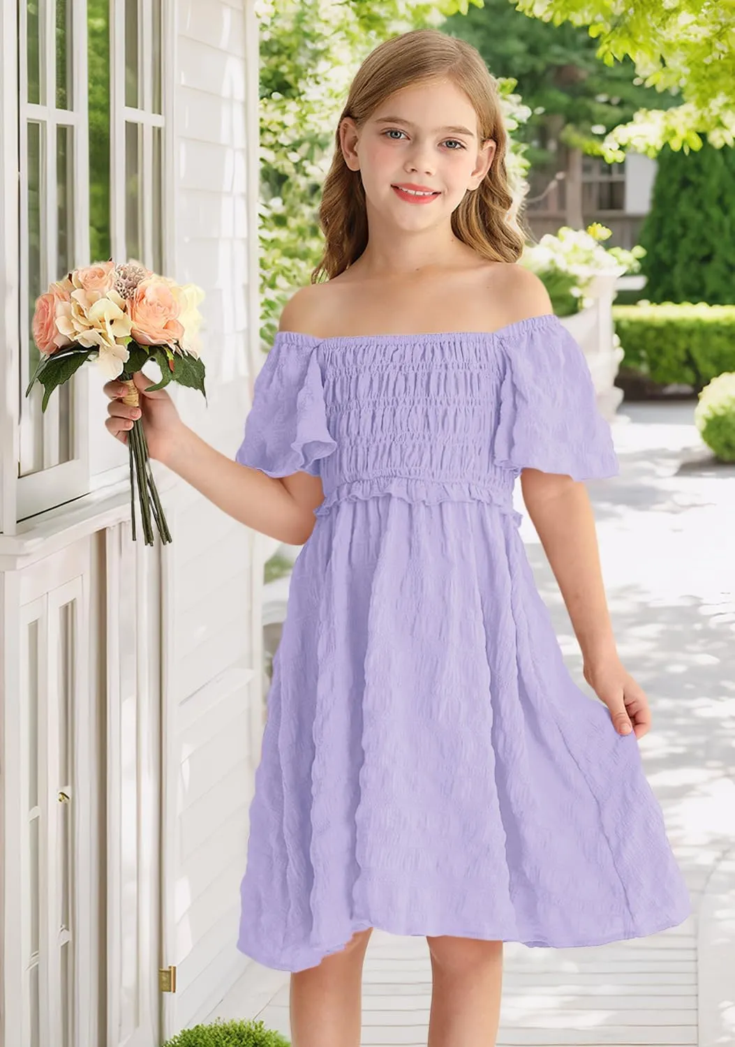 BesserBay Summer Girls Square Neck Smocked Short Sleeve Solid Midi Dress 5-14 Years