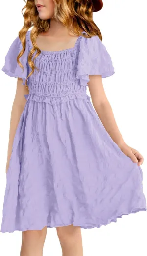 BesserBay Summer Girls Square Neck Smocked Short Sleeve Solid Midi Dress 5-14 Years