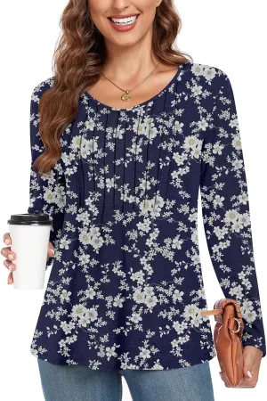 Bestbee Womens Long Sleeve Tops Plus Size V Neck Tunics Cute Pleated Tops Casual Blouses Dressy T-Shirts, 2XL, White Flowers-navy