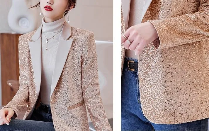 Blazers for Women Business Casual Petite Office Long Sleeve Shiny Sequins Suit Jacket for Holiday Party JNZJK001