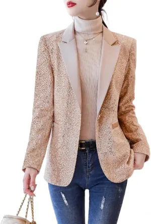 Blazers for Women Business Casual Petite Office Long Sleeve Shiny Sequins Suit Jacket for Holiday Party JNZJK001