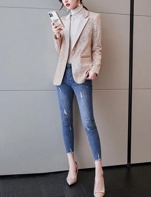 Blazers for Women Business Casual Petite Office Long Sleeve Shiny Sequins Suit Jacket for Holiday Party JNZJK001