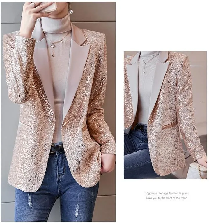 Blazers for Women Business Casual Petite Office Long Sleeve Shiny Sequins Suit Jacket for Holiday Party JNZJK001