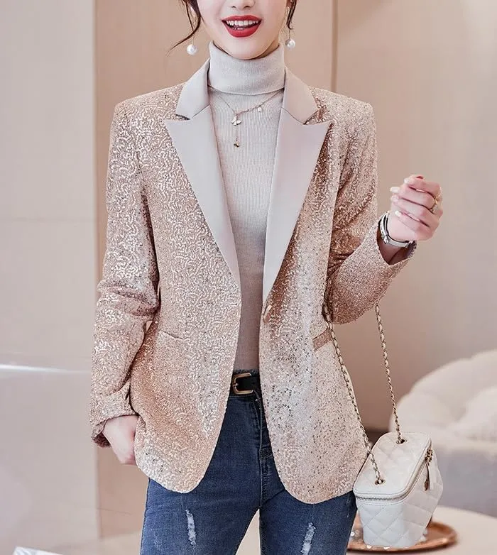 Blazers for Women Business Casual Petite Office Long Sleeve Shiny Sequins Suit Jacket for Holiday Party JNZJK001