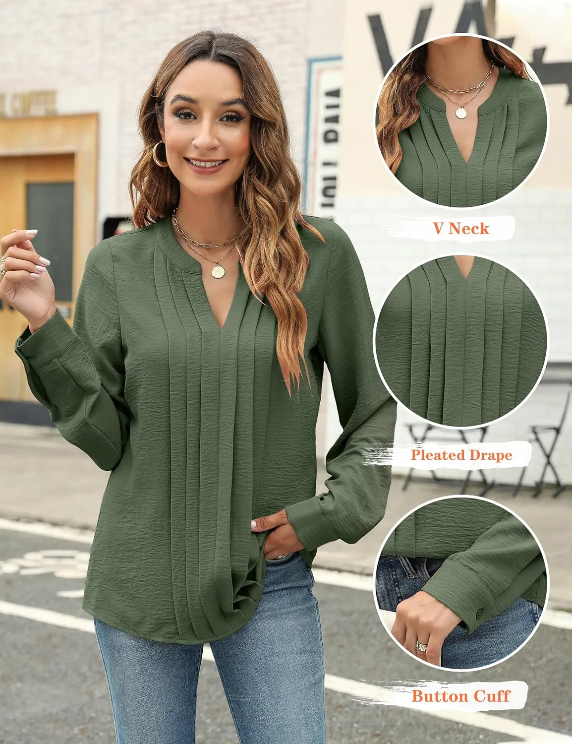 Blooming Jelly Women's Dressy Casual Blouses Business Work Tops Long Sleeve V Neck Pleated Shirts 2025 Fall Outfits
