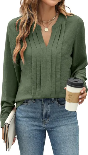 Blooming Jelly Women's Dressy Casual Blouses Business Work Tops Long Sleeve V Neck Pleated Shirts 2025 Fall Outfits