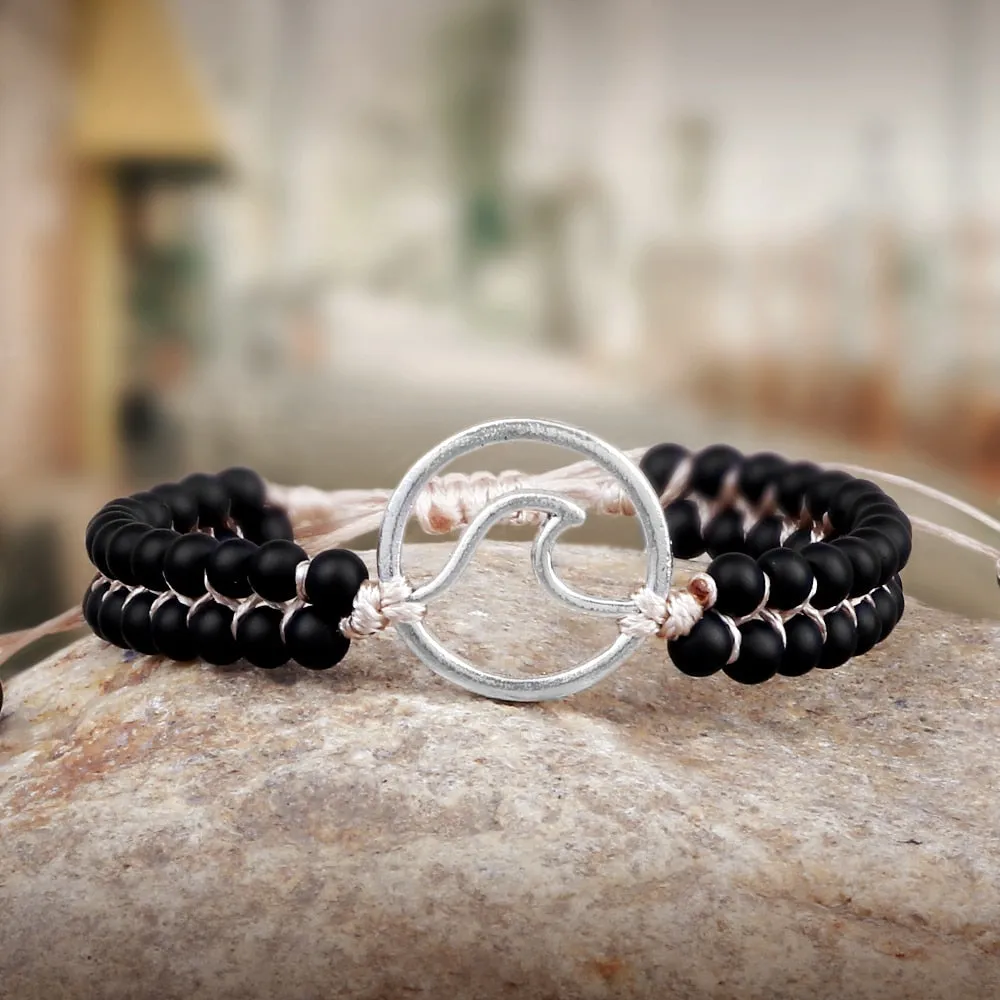Boho Ocean Waves Bracelets Vintage Natural Stone Black Onyx Tiger Eye Beads