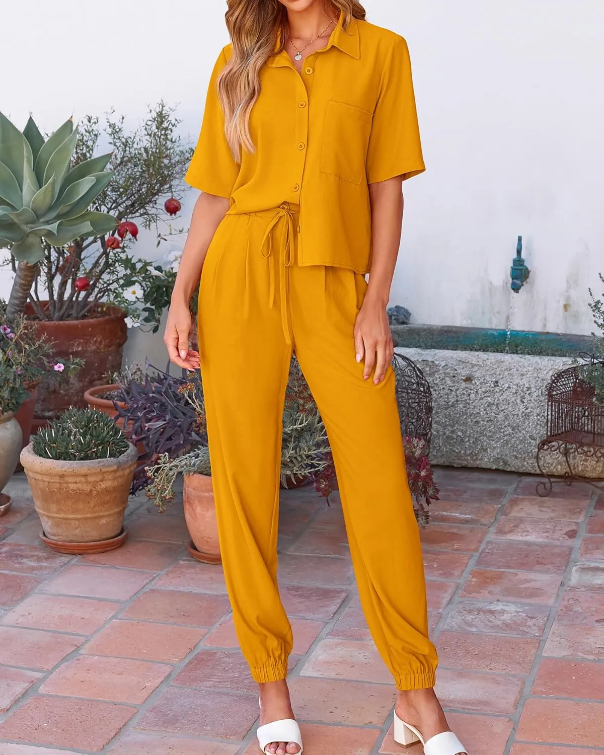 BTFBM Women's 2025 Summer 2 Piece Outfits Tracksuit Short Sleeve Cropped Button Down Shirt Long Pant Lounge Matching Set