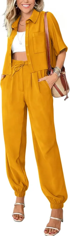 BTFBM Women's 2025 Summer 2 Piece Outfits Tracksuit Short Sleeve Cropped Button Down Shirt Long Pant Lounge Matching Set