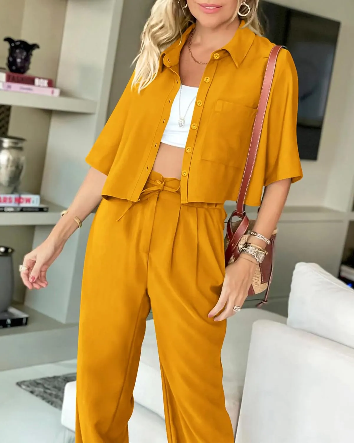 BTFBM Women's 2025 Summer 2 Piece Outfits Tracksuit Short Sleeve Cropped Button Down Shirt Long Pant Lounge Matching Set