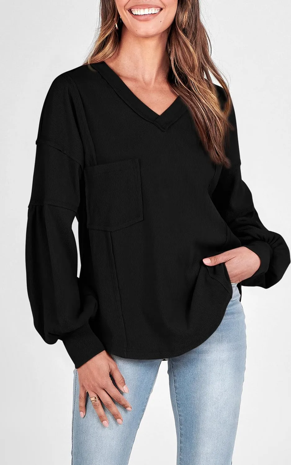 BTFBM Women's Ribbed Long Sleeve Tops 2025 Summer Spring Pullover Knit Casual V Neck Blouses Trendy Loose Fit Tunic Top