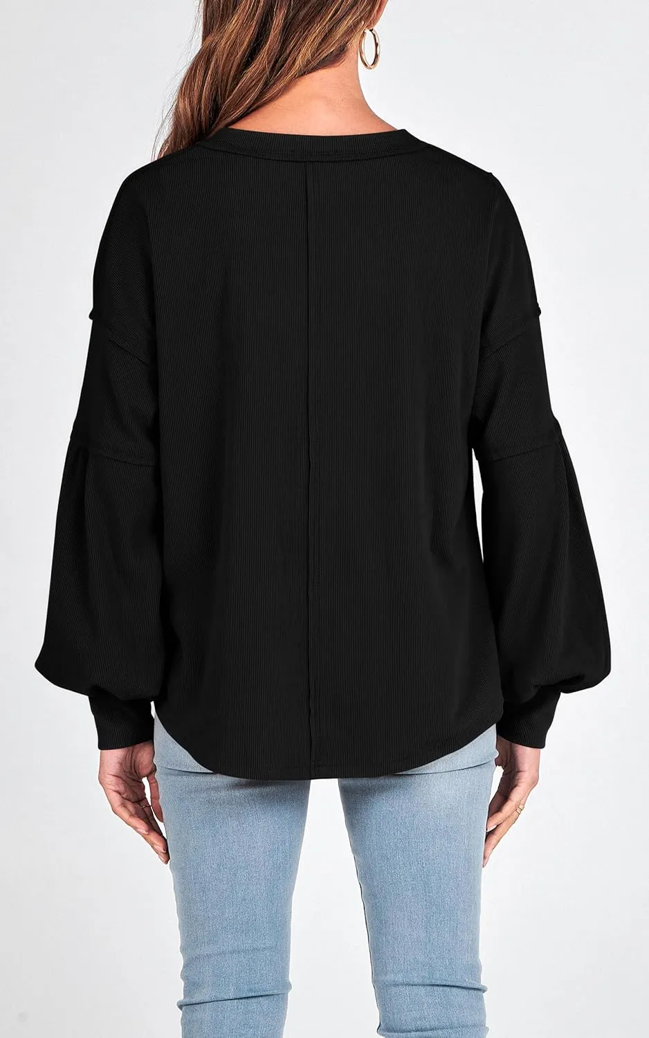 BTFBM Women's Ribbed Long Sleeve Tops 2025 Summer Spring Pullover Knit Casual V Neck Blouses Trendy Loose Fit Tunic Top