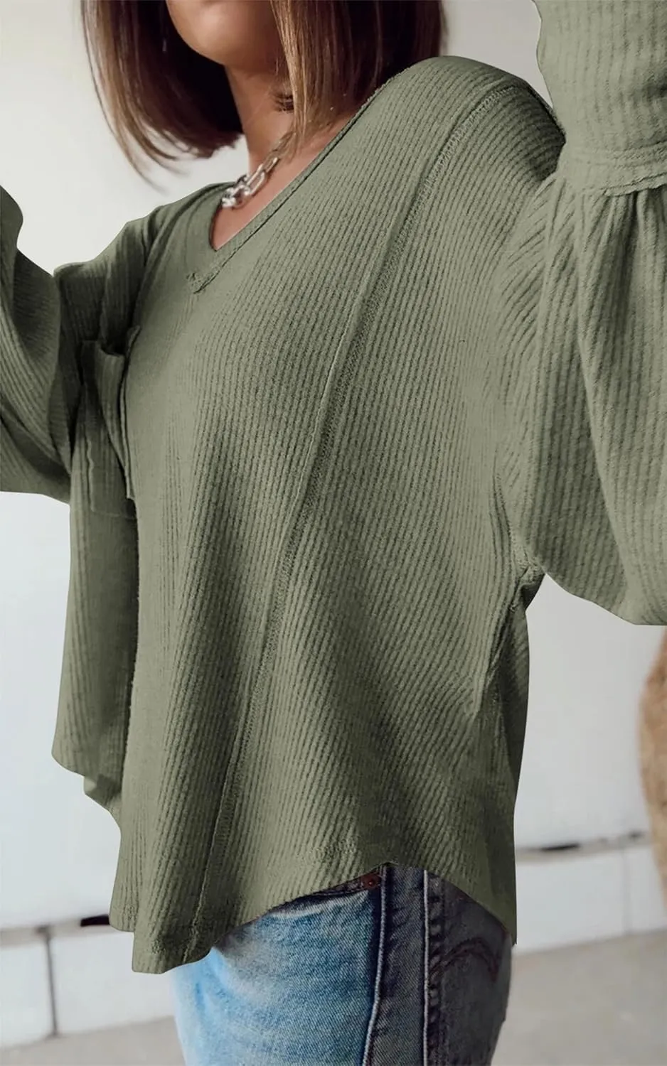 BTFBM Women's Ribbed Long Sleeve Tops 2025 Summer Spring Pullover Knit Casual V Neck Blouses Trendy Loose Fit Tunic Top