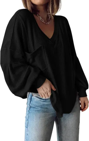 BTFBM Women's Ribbed Long Sleeve Tops 2025 Summer Spring Pullover Knit Casual V Neck Blouses Trendy Loose Fit Tunic Top