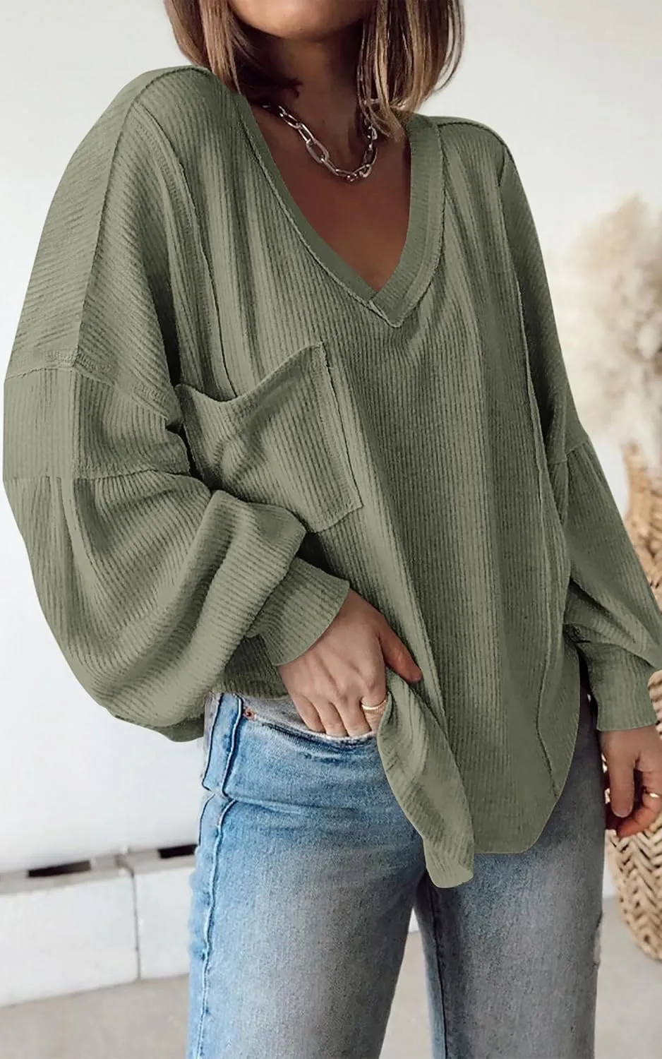 BTFBM Women's Ribbed Long Sleeve Tops 2025 Summer Spring Pullover Knit Casual V Neck Blouses Trendy Loose Fit Tunic Top