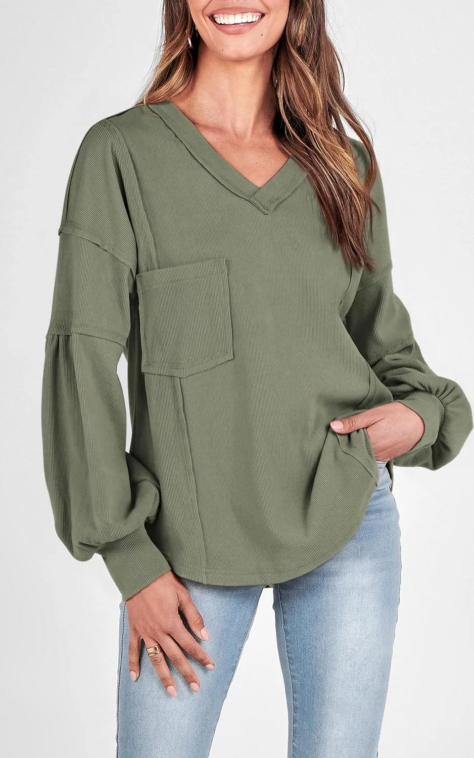 BTFBM Women's Ribbed Long Sleeve Tops 2025 Summer Spring Pullover Knit Casual V Neck Blouses Trendy Loose Fit Tunic Top