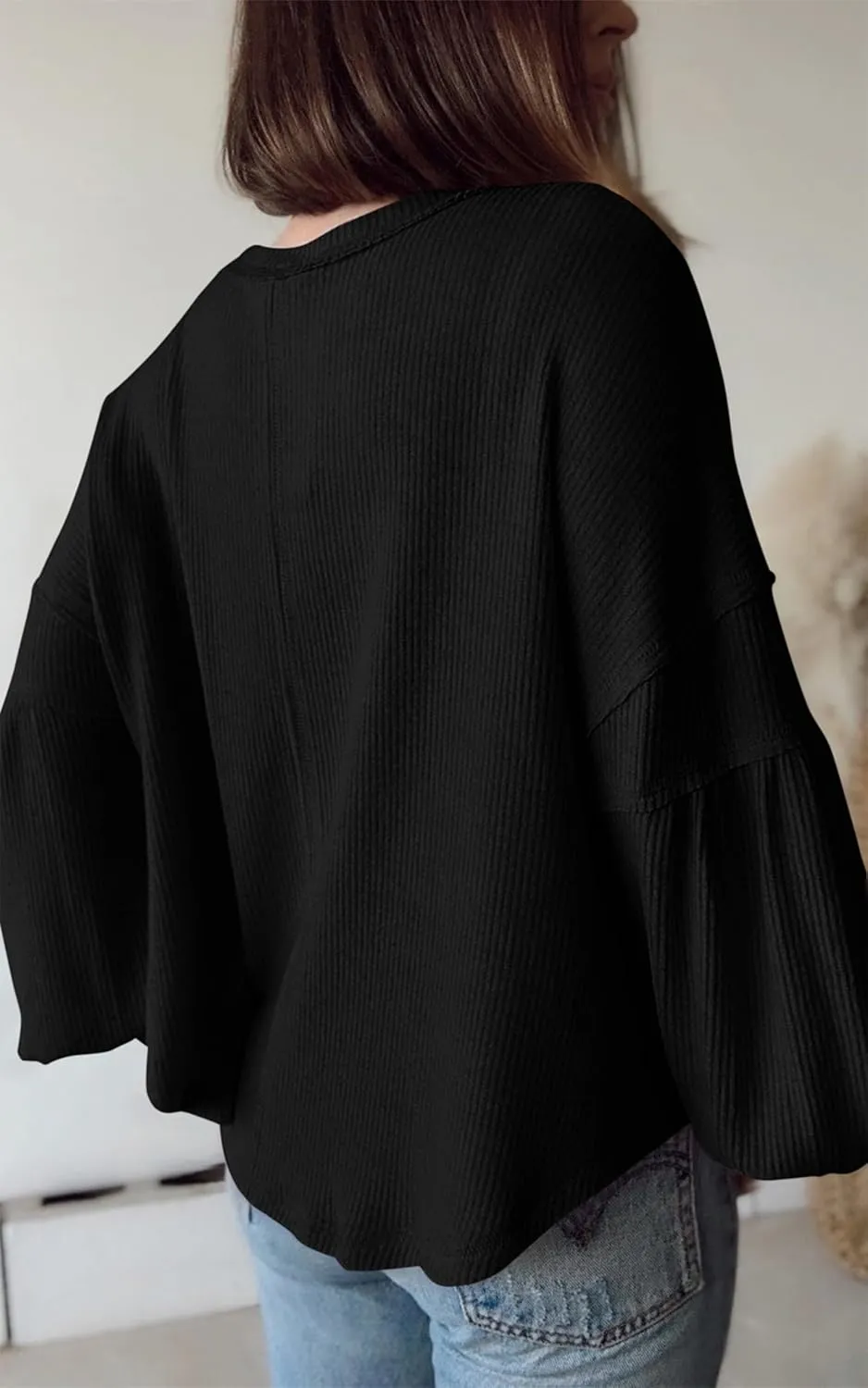BTFBM Women's Ribbed Long Sleeve Tops 2025 Summer Spring Pullover Knit Casual V Neck Blouses Trendy Loose Fit Tunic Top
