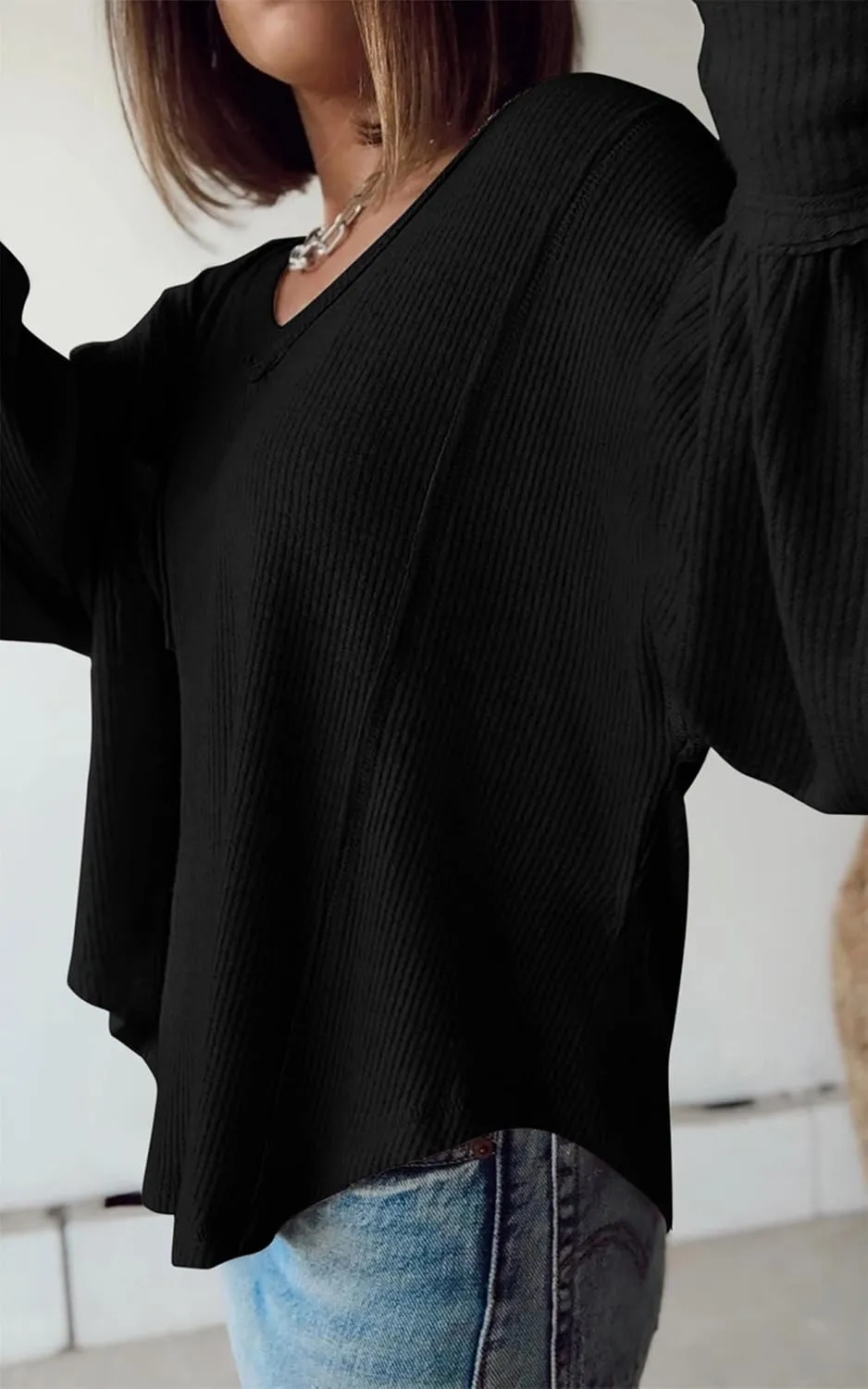 BTFBM Women's Ribbed Long Sleeve Tops 2025 Summer Spring Pullover Knit Casual V Neck Blouses Trendy Loose Fit Tunic Top