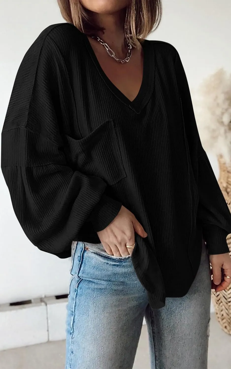 BTFBM Women's Ribbed Long Sleeve Tops 2025 Summer Spring Pullover Knit Casual V Neck Blouses Trendy Loose Fit Tunic Top