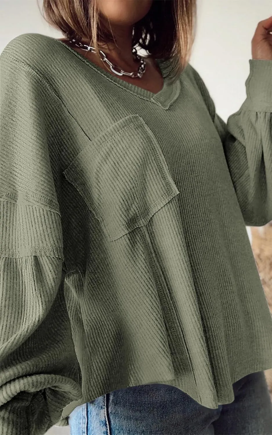 BTFBM Women's Ribbed Long Sleeve Tops 2025 Summer Spring Pullover Knit Casual V Neck Blouses Trendy Loose Fit Tunic Top
