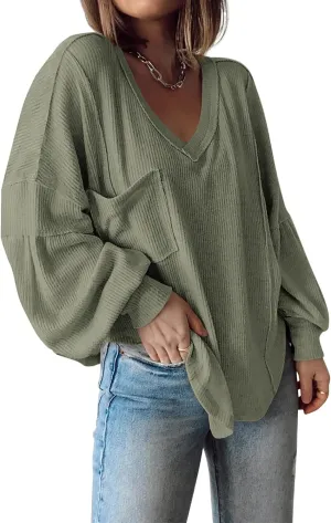 BTFBM Women's Ribbed Long Sleeve Tops 2025 Summer Spring Pullover Knit Casual V Neck Blouses Trendy Loose Fit Tunic Top